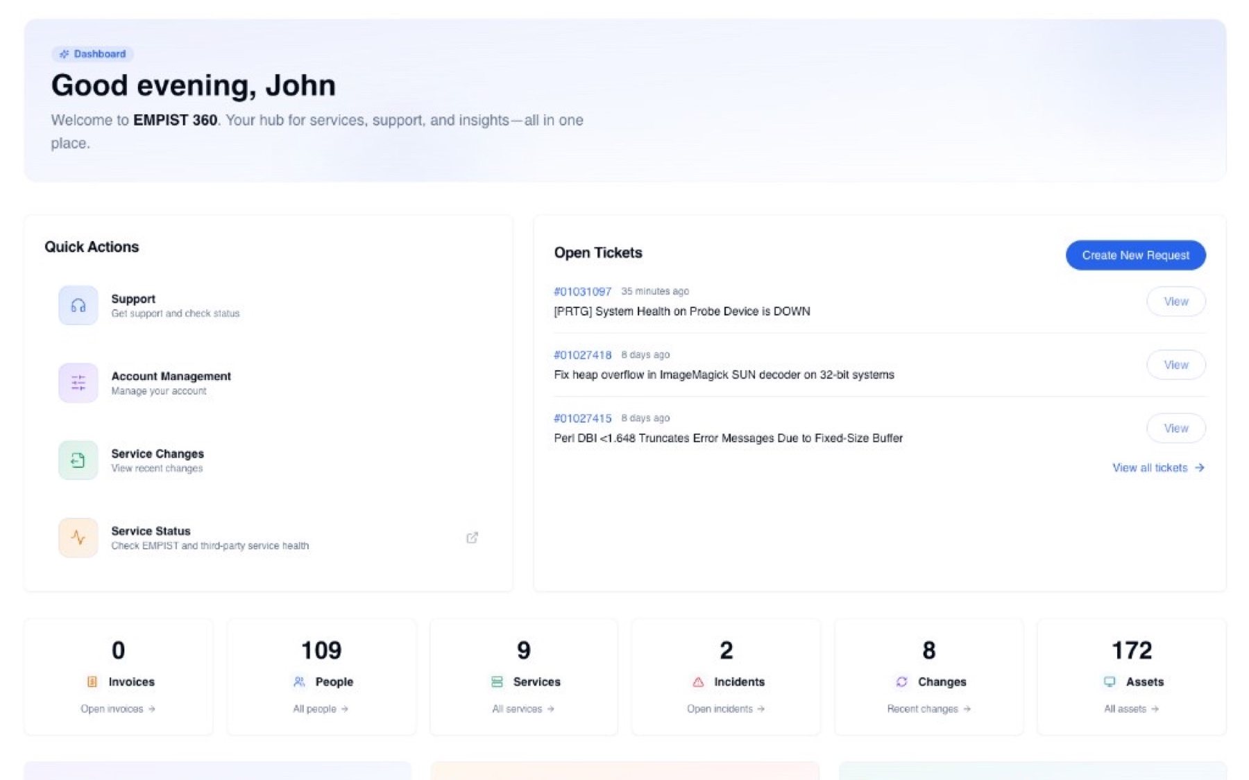 EMPIST 360 dashboard with services, support, insights, and security in one view